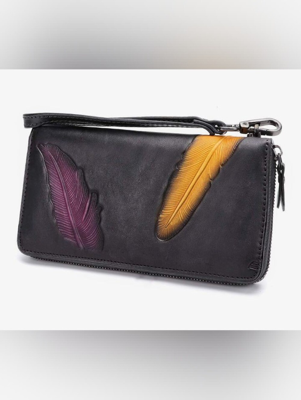 Black Wristlet Clutch with Feather Embossing